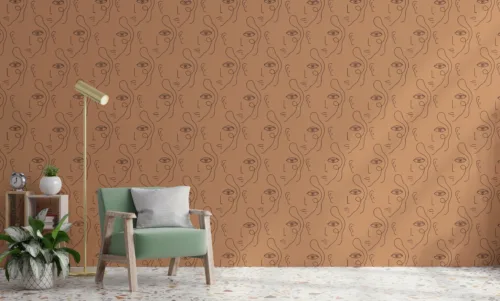Artistic Wall Decal Minimalist Line Faces Modern Vibe Colorado Style Feature Artistic wall decal featuring minimalist line face art in warm burnt tones, designed for modern Colorado homes.