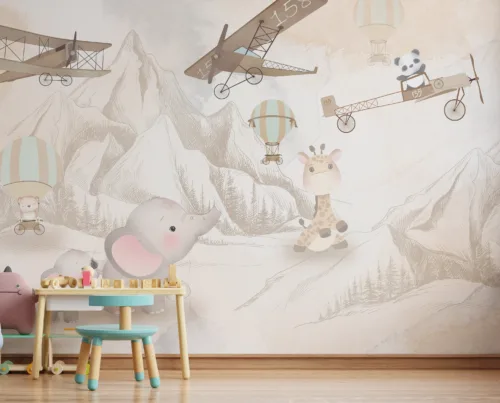 Hot Air Balloon Nursery Wall Mural Animals Vintage Soft Houston Home Vibes Charming hot air balloon nursery wall mural with soft vintage tones and playful animals, perfect for Houston-inspired home vibes.