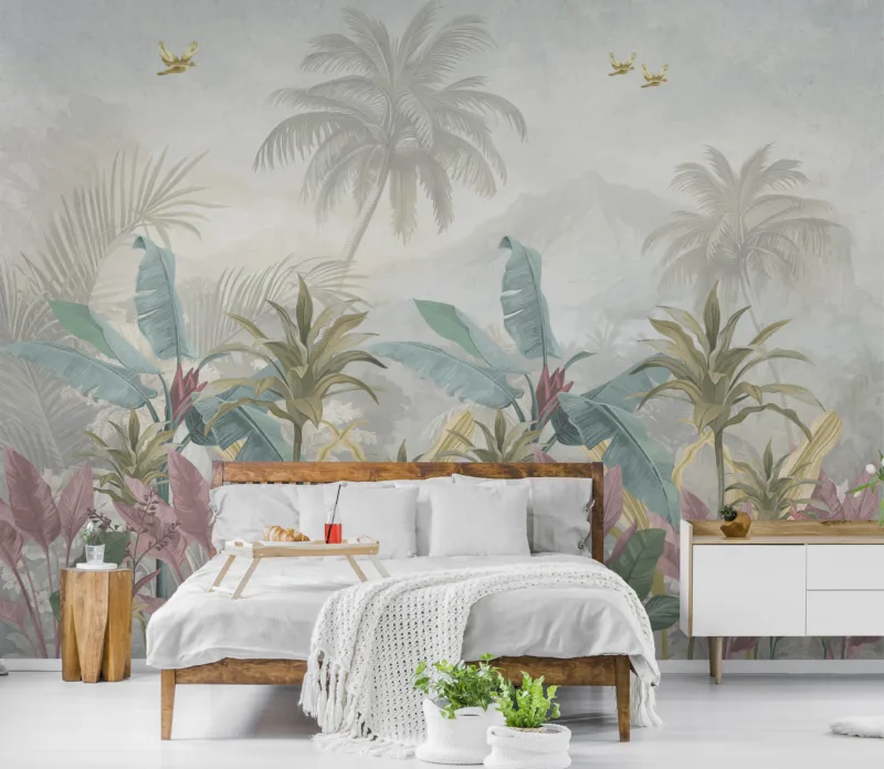 Banana Leaf Forest Wallpaper for Nursery Room Decor Los Angeles Style – A soothing tropical banana leaf forest mural, perfect for modern nurseries and kids’ spaces with calming green vibes and stylish LA-inspired décor.