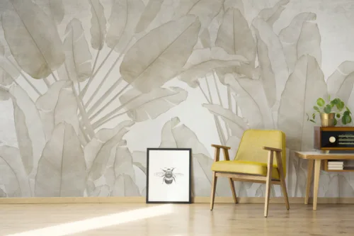Banana Leaf Mural Neutral Wallpaper Natural Style Decor USA Interior Florida Homes Choice Minimalist beige banana leaf mural wallpaper with soft earthy tones, tropical botanical décor for living spaces and bedrooms.