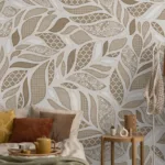 Elegant beige brown botanical leaf wallpaper with modern accent wall style, trending in Los Angeles, Melbourne, and stylish European interiors.