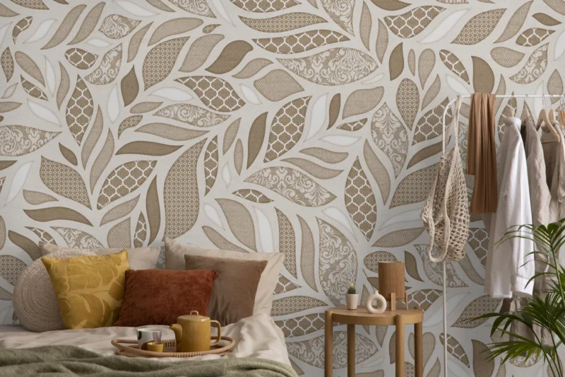 Elegant beige brown botanical leaf wallpaper with modern accent wall style, trending in Los Angeles, Melbourne, and stylish European interiors.