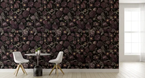 Interior of modern living room 3 D rendering Luxury vintage dark rose wallpaper mural with floral accents, crafted in peel and stick format for easy application. Loved by Brisbane Modern Decor designers and ideal for adding old-world charm and sophistication to formal living room walls or fireplaces.