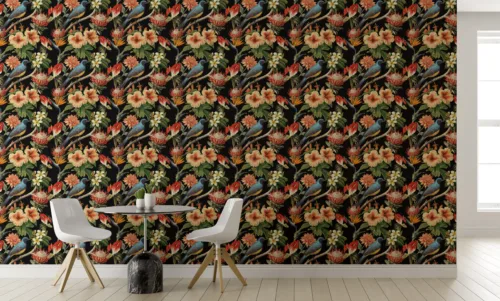 Black Wall Mural Tropical Flowers Peel And Stick Decor Los Angeles Touch A stunning black wall mural featuring tropical flowers, perfect as peel and stick wallpaper for Los Angeles homes. This wall covering offers a vibrant mix of floral wall art and modern tropical design, ideal for creating a bold interior makeover.