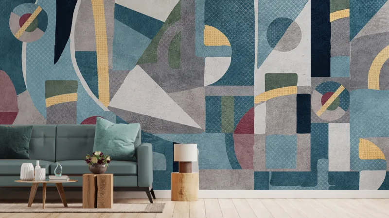 Blue modern removable wallpaper featuring bold abstract shapes and artistic design, ideal for Dallas living room décor with contemporary vibes.