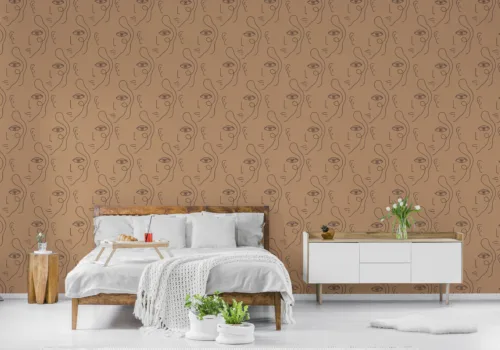 Bohemian Wallpaper Peel Stick Removable Line Art Decor Arizona Living Style Bohemian peel and stick wallpaper featuring abstract line art face design in earthy burnt brown, curated for Arizona living style.
