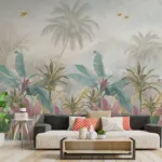 Boho Jungle Wallpaper Mural Self Adhesive Rental Safe New York Roomscape – A self-adhesive boho jungle mural designed for New York rentals, featuring bold green leaves, easy peel-and-stick style, and safe removable décor options.