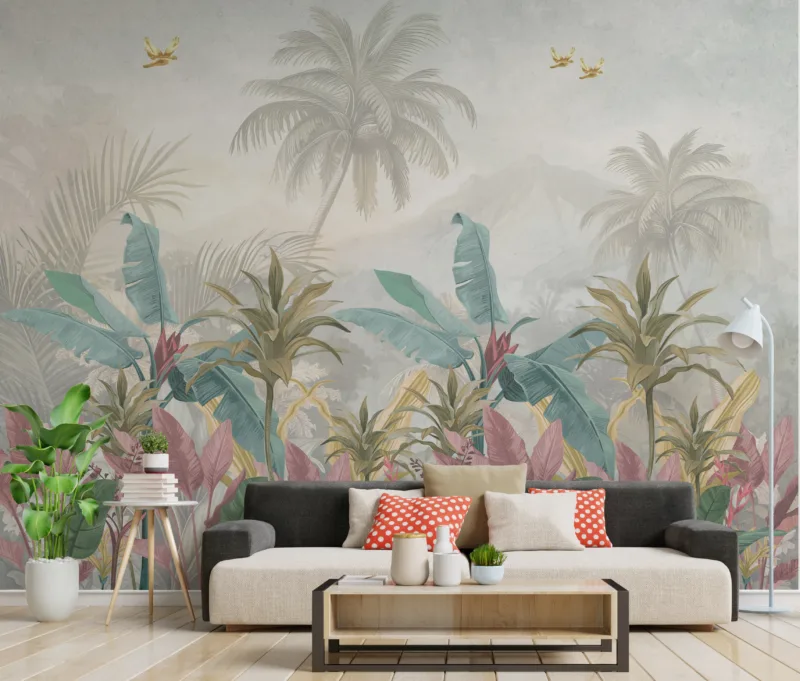 Boho Jungle Wallpaper Mural Self Adhesive Rental Safe New York Roomscape – A self-adhesive boho jungle mural designed for New York rentals, featuring bold green leaves, easy peel-and-stick style, and safe removable décor options.