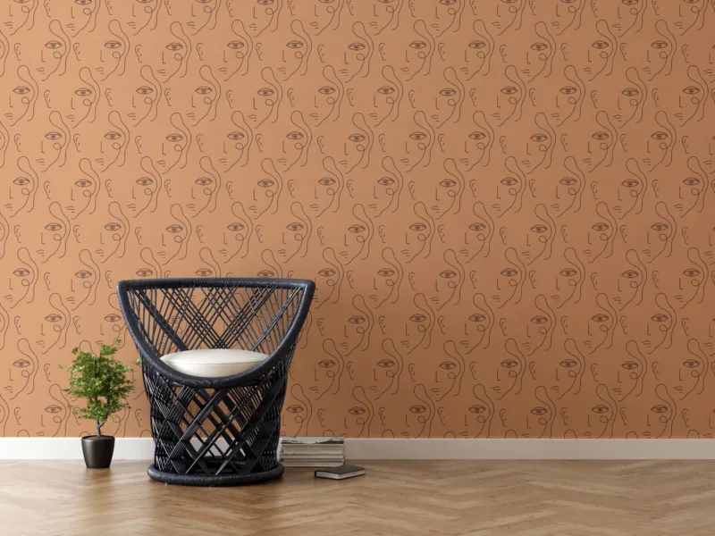 Boho wall mural with a unique face pattern in warm terracotta-brown tones, designed for trendy California interiors.