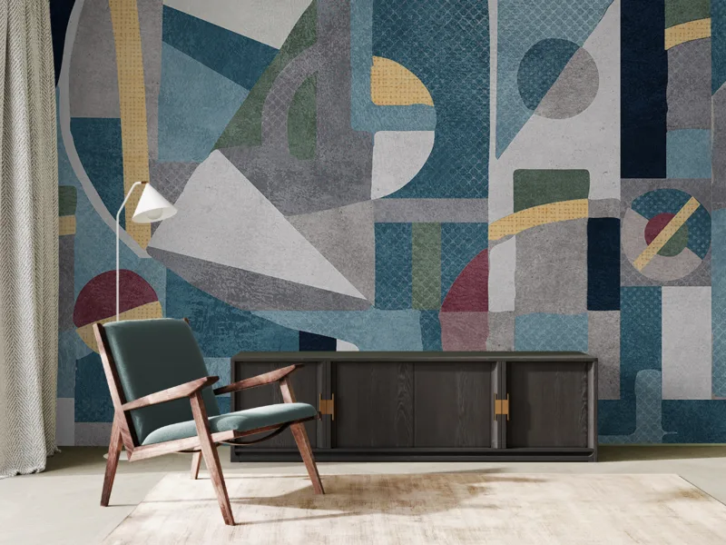Bold abstract wallpaper mural in blue and gray modern design with unique geometric style accents, perfect for New Jersey inspired décor themes.