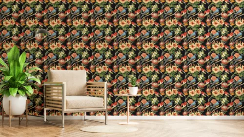 Bold Jungle Peel And Stick Wallpaper Exotic Living Room New Jersey Retreat A bold jungle peel and stick wallpaper that brings exotic rainforest vibes to any New Jersey retreat. This wall art combines lush green foliage with detailed tropical plants, offering a removable and renter-friendly wall covering option.