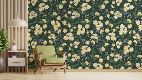Botanical Floral Wallpaper Yellow Roses Green Background Accent Wall Phoenix Glow Botanical floral wallpaper featuring yellow roses on a green background for an accent wall in a Phoenix-inspired glowing room