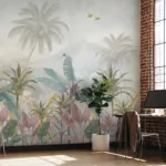 Botanical Forest Wall Mural Pastel Tropical Removable Home Decor Texas Trend – Elegant pastel tropical forest mural, removable and renter-friendly, designed for Texas homes, blending botanical charm with trendy modern wall art styling.