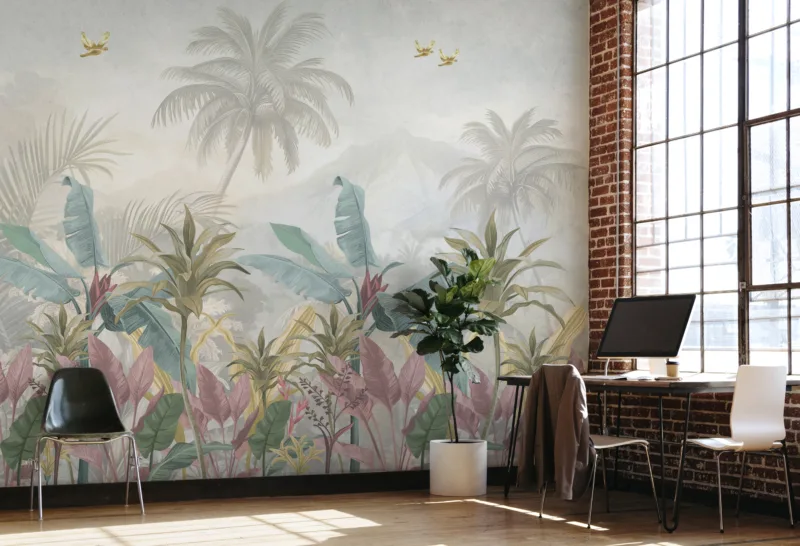 Botanical Forest Wall Mural Pastel Tropical Removable Home Decor Texas Trend – Elegant pastel tropical forest mural, removable and renter-friendly, designed for Texas homes, blending botanical charm with trendy modern wall art styling.