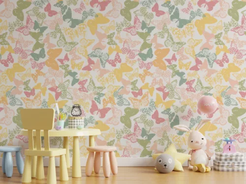 Mock up wall in the children's room with kid table set in light Vintage-style butterfly pattern wallpaper with soft tones—great for living rooms or art studios. Popular in Chicago lofts and Brisbane apartments. This removable mural elevates any space with its nature-inspired, calming aesthetic.