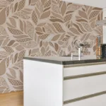 Timeless peel and stick leaf design wallpaper in a neutral style, popular European-inspired modern home décor.