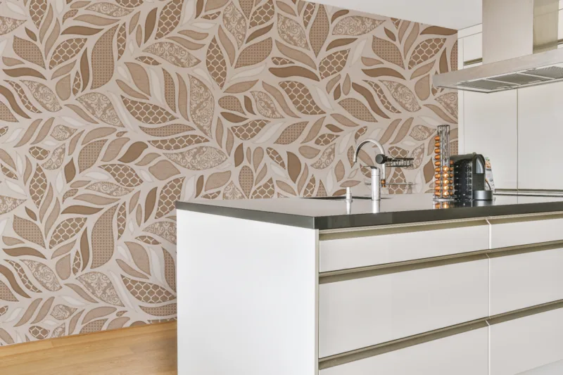 Timeless peel and stick leaf design wallpaper in a neutral style, popular European-inspired modern home décor.