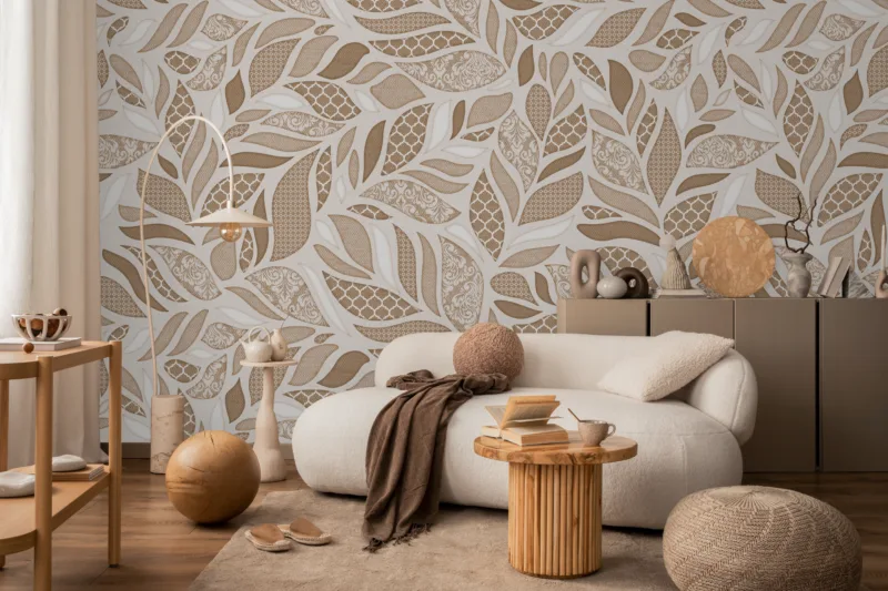 Chic vintage damask leaf removable wallpaper with peel and stick design, perfect for San Francisco apartments and modern European-inspired office walls.