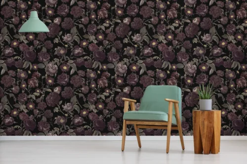 Room with mint lampshade Gothic floral peel and stick wallpaper featuring deep baroque roses and botanical detailing, ideal for moody home offices or reading corners. Highly rated among Melbourne’s Home Design Picks and loved for its removable nature and dramatic impact on statement walls.