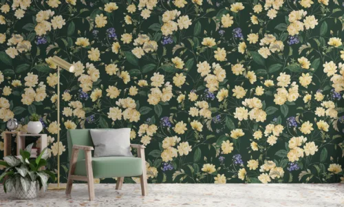 Floral Dark Green Wallpaper Yellow Roses Removable Mural Nature Style Texas Charm Floral dark green wallpaper with yellow roses, a removable mural showcasing nature style for a Texas wall charm