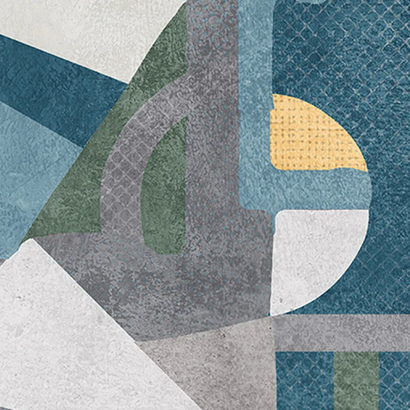 Geometric modern wallpaper mural with layered blue abstract accents and bold shapes, designed to create a stylish Brooklyn bedroom interior look.