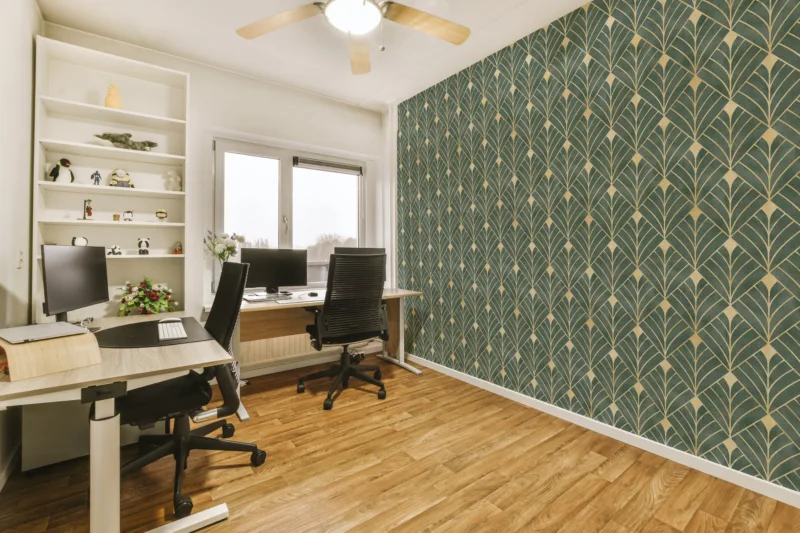 A bold green and gold Art Deco wallpaper perfect for accent walls, designed in a removable peel and stick format. This Chicago-inspired room décor option adds a modern artistic touch with geometric flair and shimmering metallic details.