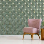 Sophisticated green and gold Art Deco wallpaper crafted for living room décor, designed as a Florida design pick. With removable peel and stick technology, it brings style and convenience together for modern homes.