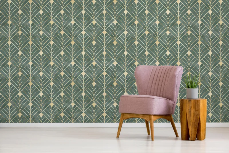 Sophisticated green and gold Art Deco wallpaper crafted for living room décor, designed as a Florida design pick. With removable peel and stick technology, it brings style and convenience together for modern homes.