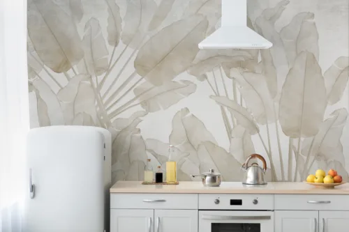 Minimalist Leaf Wall Mural Soft Texture Botanical Accent Wall Georgia Homes Choice Elegant neutral banana leaf wallpaper with subtle textured details, peel and stick tropical wall art for home décor.