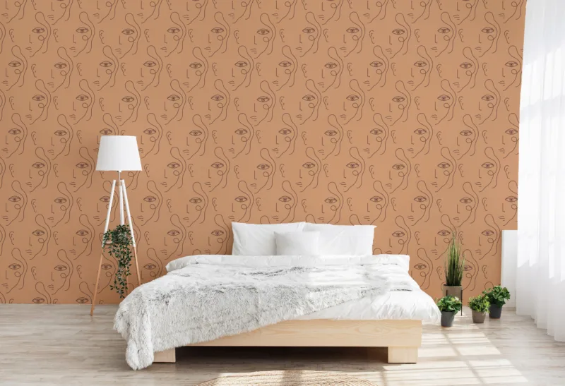 Modern artistic wall mural with abstract face line art in neutral terracotta shades, tailored for stylish Texas interiors.