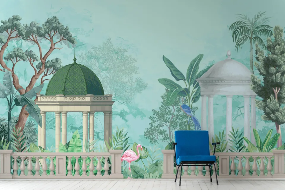 Mughal Garden Wall Mural Botanical Palace Jungle Decor Sydney Living Look Stunning Mughal-inspired botanical garden mural with palace and jungle vibes, best for Sydney living room décor, a tropical art wallpaper for modern interiors.