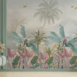 Pastel Jungle Wall Mural Tropical Rainforest Design Chicago Loft Style – Modern Chicago loft style pastel jungle mural featuring rainforest leaves, artistic vibes, renter-friendly peel-and-stick design, perfect for contemporary interiors and nature-inspired décor.