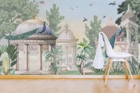 Peacock Wall Mural Chinoiserie Style Indian Palace Forest Vibe Texas Estate Style