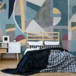 Peel and stick modern wallpaper with abstract geometric blue art style, creating a bold accent feature wall for contemporary Chicago homes.