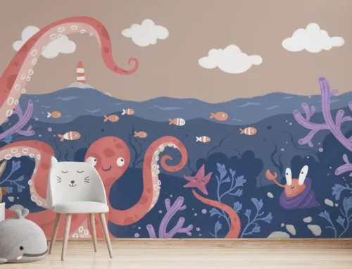 Pink Octopus Wall Mural Underwater Theme For Nursery Newyork Homes Special Pink octopus wall mural featuring a soft underwater theme, designed especially for nurseries and toddler bedrooms. Adds a whimsical charm to New York homes with its playful sea life illustrations. Easy peel and stick wallpaper makes decorating stress-free and renter-friendly.