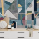 Removable abstract wall mural with striking blue gray bold shapes in modern pattern, perfect for adding Houston inspired bedroom design style.