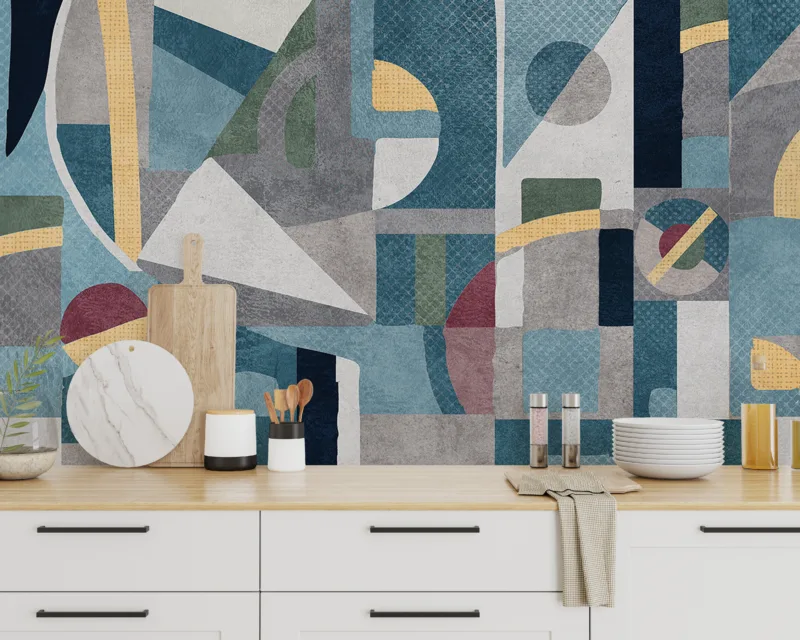 Removable abstract wall mural with striking blue gray bold shapes in modern pattern, perfect for adding Houston inspired bedroom design style.