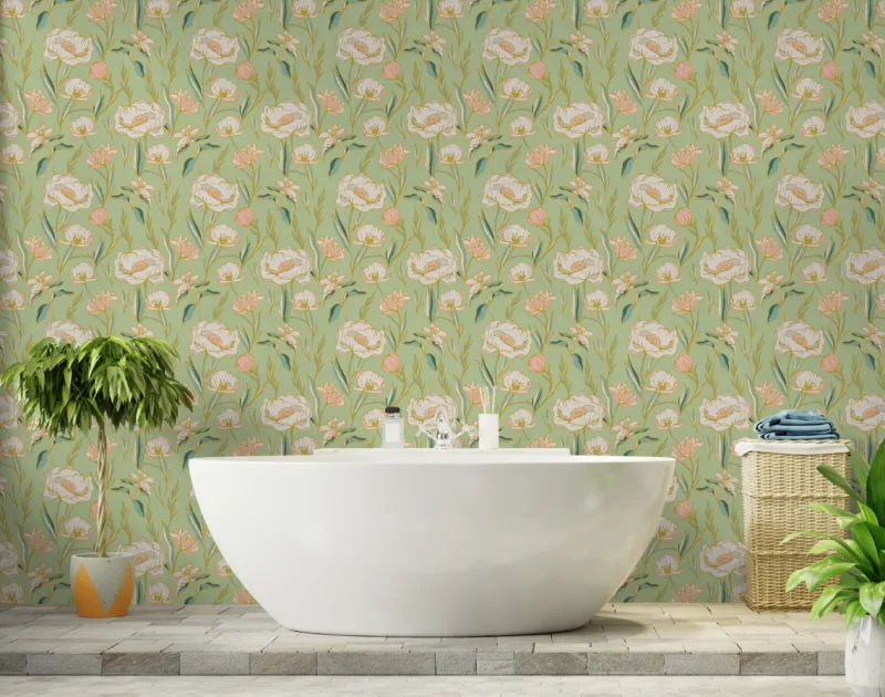 Vintage botanical wall mural in boho style, peel and stick update for Miami bedrooms.