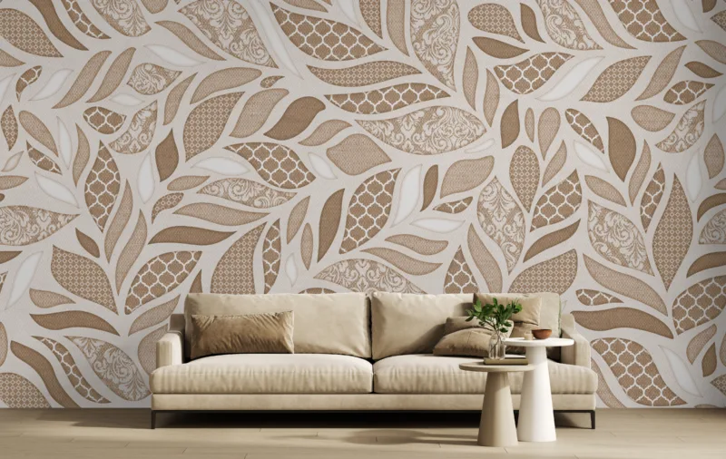 Retro vintage leaf wallpaper with damask botanical patterns in neutral shades, a New York homes favorite.