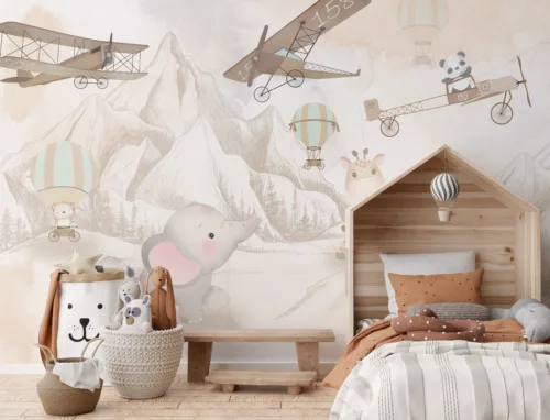 Vintage Safari Nursery Wallpaper Mural Elephant Giraffe Panda Losangeles Home Trend Vintage safari nursery wallpaper mural with elephants, giraffes, and pandas, adding stylish Los Angeles home design trends.