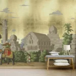 Ancient Indian palace elephant wallpaper mural in warm vintage tones, peel and stick removable wall covering for living rooms, designed for California homes with classic style appeal.