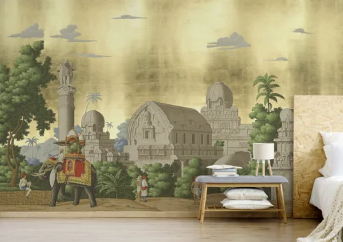 Ancient Indian Palace Elephant Wallpaper Mural Peel Stick Vintage Decor California Walls Special Ancient Indian palace elephant wallpaper mural in warm vintage tones, peel and stick removable wall covering for living rooms, designed for California homes with classic style appeal.