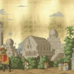 Ancient traditional Indian architecture inspired golden wall covering, peel and stick removable wallpaper mural, designed for bedrooms and offices in New York interiors.
