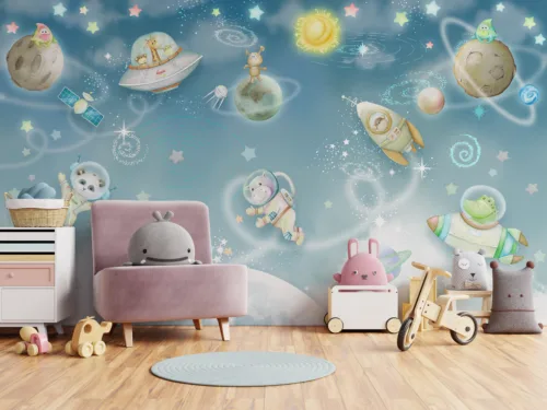 Animal Astronaut Wall Mural Removable Nursery Vinyl Galaxy Theme Houston Room Removable astronaut animal wall mural in galaxy theme vinyl, perfect for kids room with space adventure style.