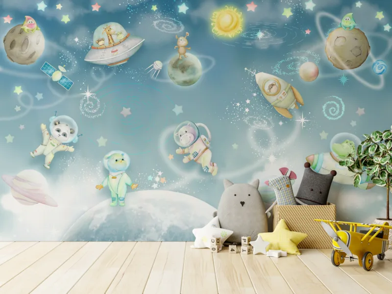 Peel and stick nursery wall decal with space animal characters in galaxy style, ideal for baby room wall art with playful theme.