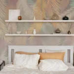 Soft leaf boho bedroom wallpaper in neutral pastel tones, modern wall mural style, perfect for homes and apartment updates.