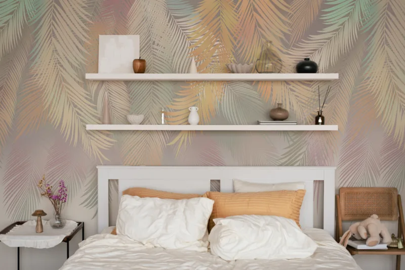 Soft leaf boho bedroom wallpaper in neutral pastel tones, modern wall mural style, perfect for homes and apartment updates.