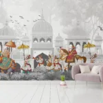 Gray Boho Indian Elephant Parade Wallpaper Mural | Peel and Stick Wall Art for Living Room.