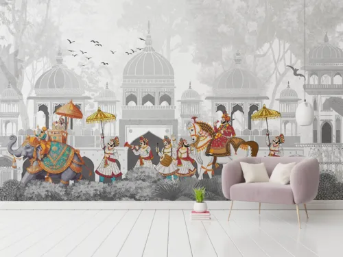 Boho Indian Wallpaper Elephant Parade Mural Gray Peel Stick Sanfrancisco Home Feature Gray Boho Indian Elephant Parade Wallpaper Mural | Peel and Stick Wall Art for Living Room.