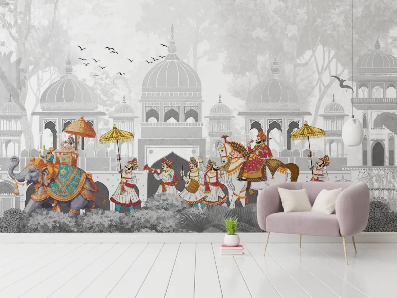 Gray Boho Indian Elephant Parade Wallpaper Mural | Peel and Stick Wall Art for Living Room.